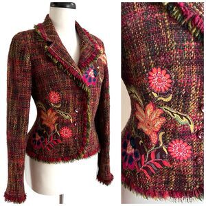 JON Vintage Tweed Blazer Sz 4 Floral Embroidery Applique Fringe Classic Academia